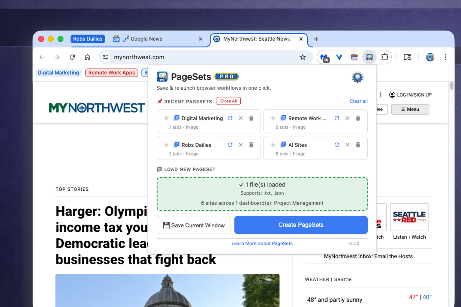 PageSets launch notification page confirming workspace name and tab count